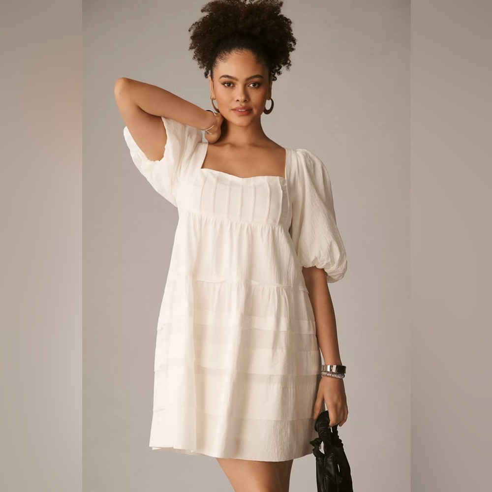 Anthropologie Babydoll Square-Neck Puff-Sleeve Tiered Mini Dress